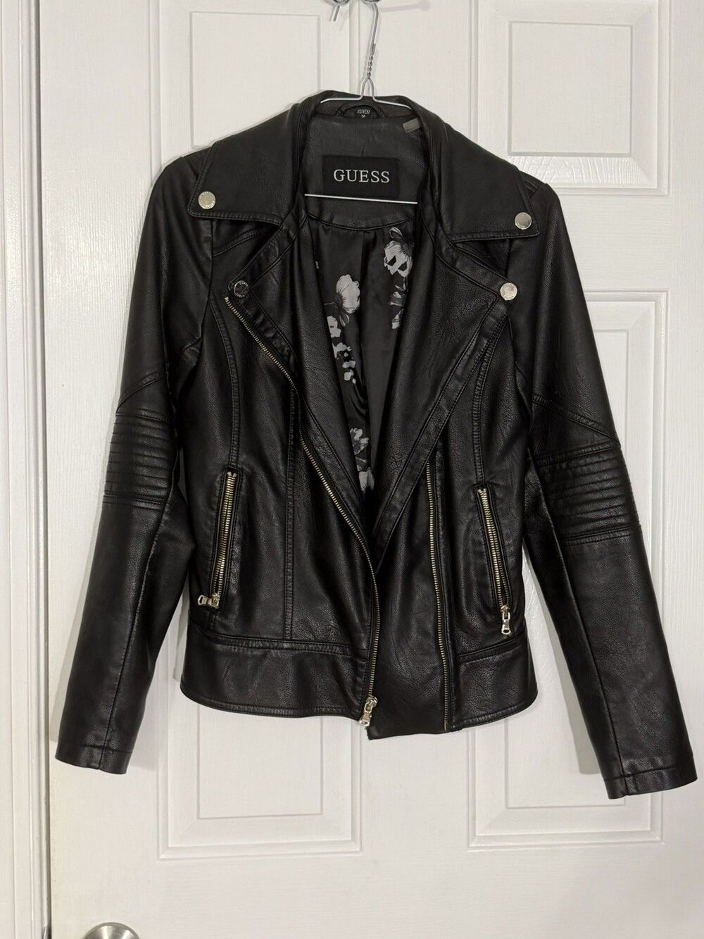Guess Women's Black Faux Leather Moto Jacket Outerwear X-small